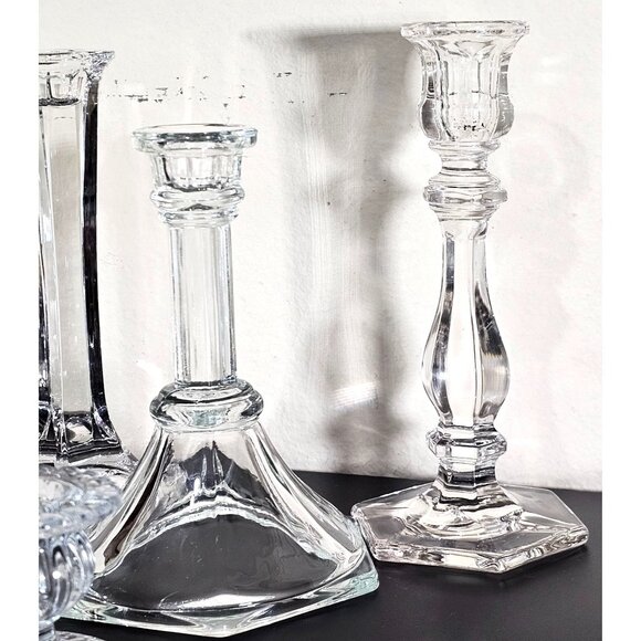 vtg assorted crystal candlesticks lot/5 taper glass holders wedding decor tables - Picture 4 of 6